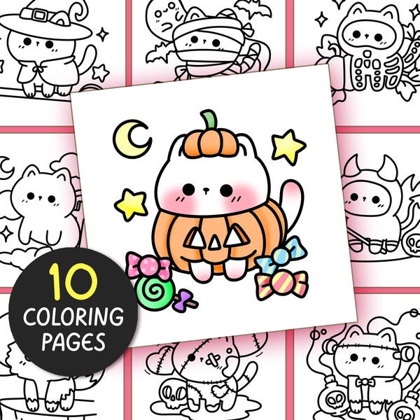 Páginas para colorear de Halloween atrevidas y fáciles para adultos: 10 páginas Hoja para colorear sencilla Libro para colorear kawaii Páginas para colorear estéticas para adolescentes