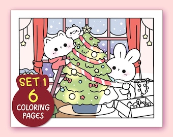 Dibujos para colorear navideños kawaii para adultos - 6 páginas. Hoja para colorear sencilla. Libro para colorear navideño kawaii para adolescentes. Dibujos para colorear atrevidos y fáciles.