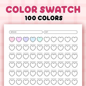Tabla de muestras de color de corazón imprimible, hojas de muestras de color en blanco PDF, tabla de colores en blanco de marcadores de alcohol imprimible, prueba de 100 colores
