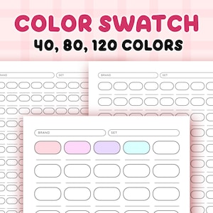 May include: Printable colour swatch sheet with three sections labelled "Brand" and "Set". Each section has 10 rows of 10 oval shapes for colour swatches. The sheet is designed for organising and tracking colours.