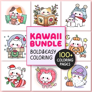 100 Kawaii Bold and Easy Coloring Pages Bundle, Cute cats Simple Coloring Sheet Kawaii Coloring Book Aesthetic Teen Coloring Pages Pack