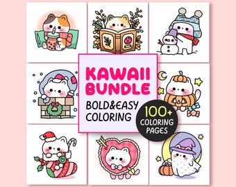 100 Kawaii Bold and Easy Coloring Pages Bundle, Cute cats Simple Coloring Sheet Kawaii Coloring Book Aesthetic Teen Coloring Pages Pack