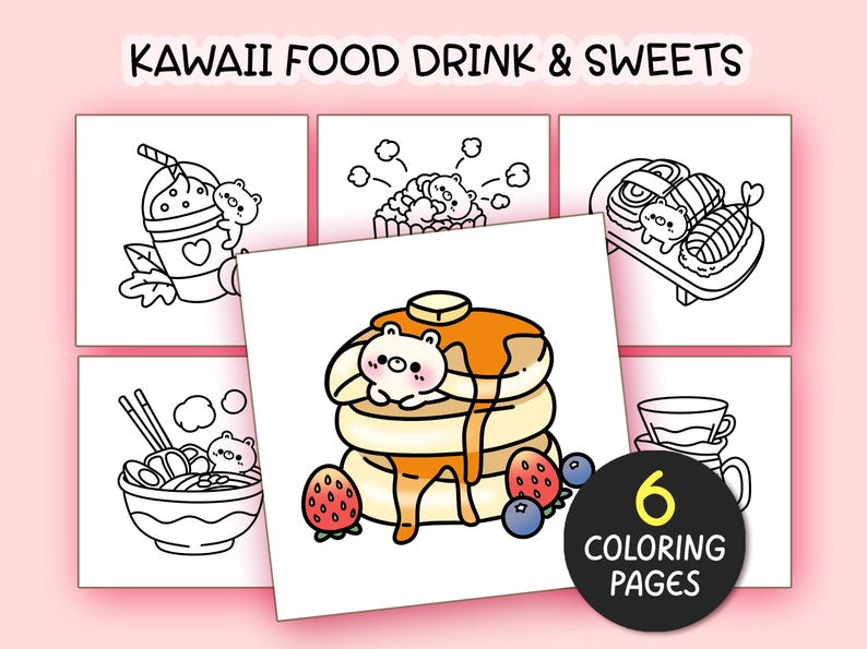Food Drink & Sweet Bold and Easy Coloring Pages for Adults - 6 Pages Simple Coloring Sheet Aesthetic Coloring page Teen Kawaii Coloring Book