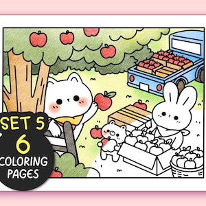 May include: A coloring page set featuring a white cat, a white rabbit, and a bear picking apples from a tree. The set includes 6 coloring pages and is labeled "Set 5".