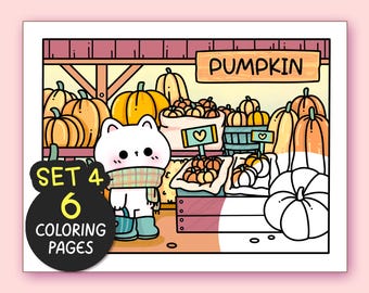 Autumn Kawaii Cozy Coloring Pages for Adults, 6 Pages Aesthetic Printable Coloring Book with Procreate Hand-Drawn Doodles Relaxing Fun Pages