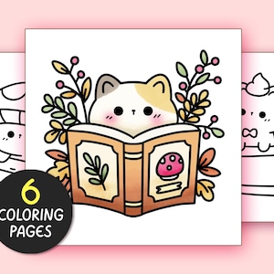 Könnte beinhalten: Eine Malvorlage mit einer süßen Katze, die ein Buch mit einem Pilz auf dem Cover liest. Die Katze ist von Herbstblättern und Ästen umgeben. Die Seite ist Teil eines Sets mit 6 Malvorlagen.