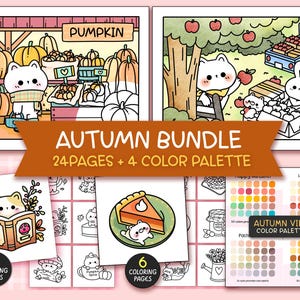Autumn Bundle Fall Kawaii Cozy Coloring Pages Bundle for Adults, 24 Pages Autumn Aesthetic Coloring, Bold and Easy Coloring page for teen