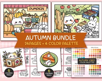May include: A set of 24 coloring pages featuring cute illustrations of cats and autumn themes, including pumpkins, apples, and a pie. The set also includes 4 color palettes for inspiration.