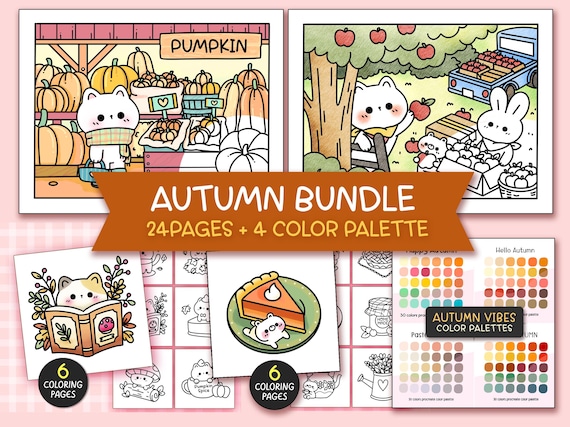 Autumn Bundle Fall Kawaii Cozy Coloring Pages Bundle for Adults, 24 Pages Autumn Aesthetic Coloring, Bold and Easy Coloring page for teen