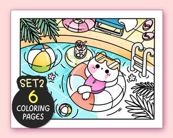 Summer Kawaii Cozy Coloring Pages for Adults, 6 Pages Aesthetic Printable Coloring Book with Procreate Hand-Drawn Doodles Relaxing Fun Pages