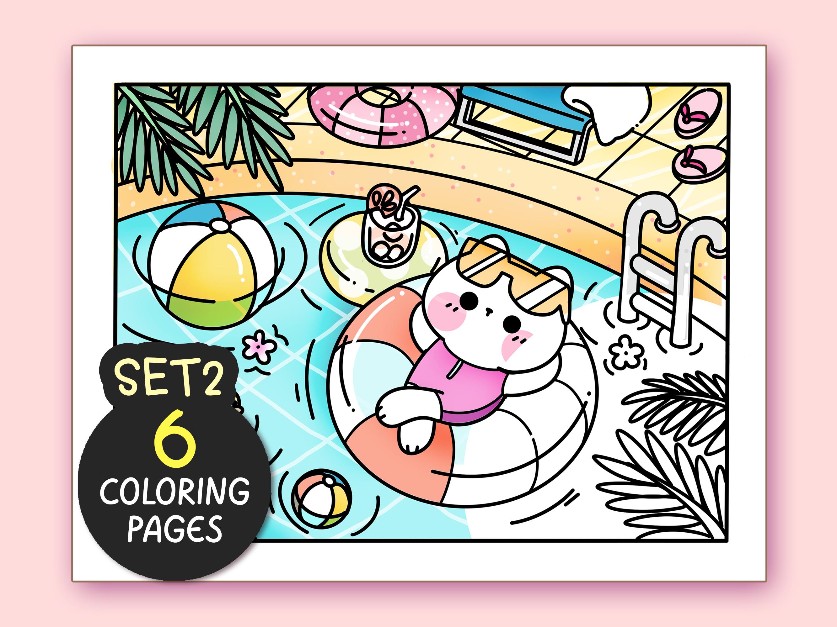 Summer Kawaii Cozy Coloring Pages for Adults – 6 Aesthetic Printable Doodle Sheets, Procreate-Friendly Relaxing Art