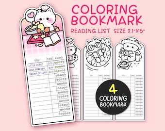 4 Kawaii Booklover Cat Coloring Bookmarks Printable for Cat Lover, Reading List Bookmarks, Reading Nook Decor, Book Lover Gift