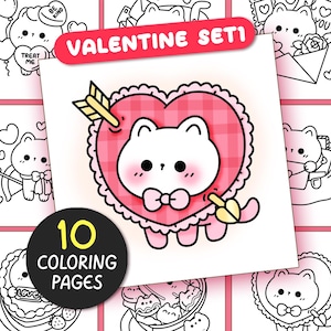 May include: A set of 10 colouring pages featuring cute cartoon cats with Valentine's Day themes. The pages include images of cats holding hearts, arrows, and gifts. The text "Valentine Set 1" and "10 Coloring Pages" is included on the pages.