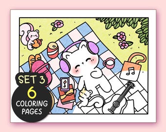 Summer Kawaii Cozy Coloring Pages for Adults, 6 Pages Aesthetic Printable Coloring Book with Procreate Hand-Drawn Doodles Relaxing Fun Pages