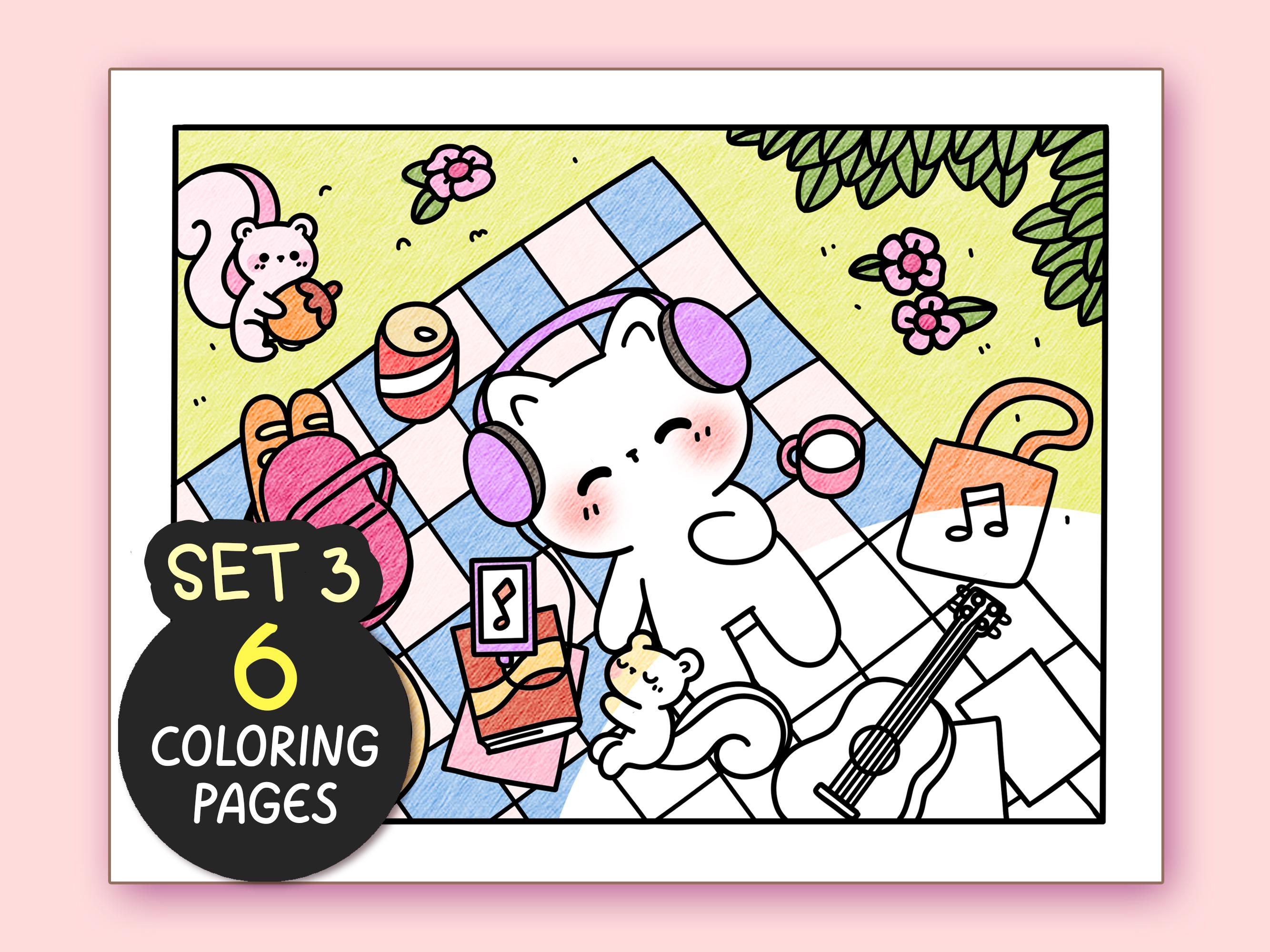Summer Kawaii Cozy Coloring Pages for Adults – 6 Aesthetic Printable Doodle Sheets (PNG & PDF) for Procreate or Home Printing