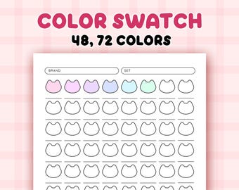 Cat Color Swatch Chart Printable, Blank Color Swatches Sheets PDF, Alcohol Markers Blank Color Chart Printable 48 72 color test