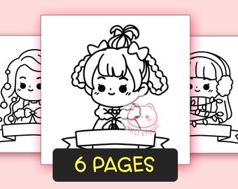 Christmas Girl Kawaii Bold and Easy Coloring Pages for Adults - 6 Pages Lovely Girl  Coloring Book Cute Girly Coloring Sheet