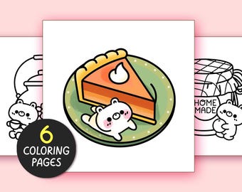 May include: A coloring page featuring a cute white bear with a slice of pumpkin pie on a green plate. The pie has a yellow crust and orange filling with white whipped cream on top. The text "6 Coloring Pages" is in a black circle with yellow text.