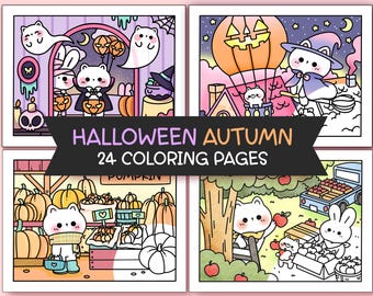 Lot d'Halloween et d'automne - Coloriages Kawaii pour adultes - 24 pages à colorier simples - Coloriages pour adolescents