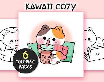 Kawaii Cozy Bold and Easy Coloring Pages for Adults - 6 Pages Simple Coloring Sheet Kawaii Coloring Book Aesthetic Teen Coloring Pages