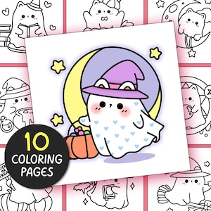 Könnte beinhalten: Zehn Schwarzweiß-Malvorlagen mit niedlichen Geisterfiguren, die Hexenhüte tragen, Kürbisse halten und Besen reiten. Der Text "10 Coloring Pages" befindet sich in einem schwarzen Kreis mit gelbem Rand.