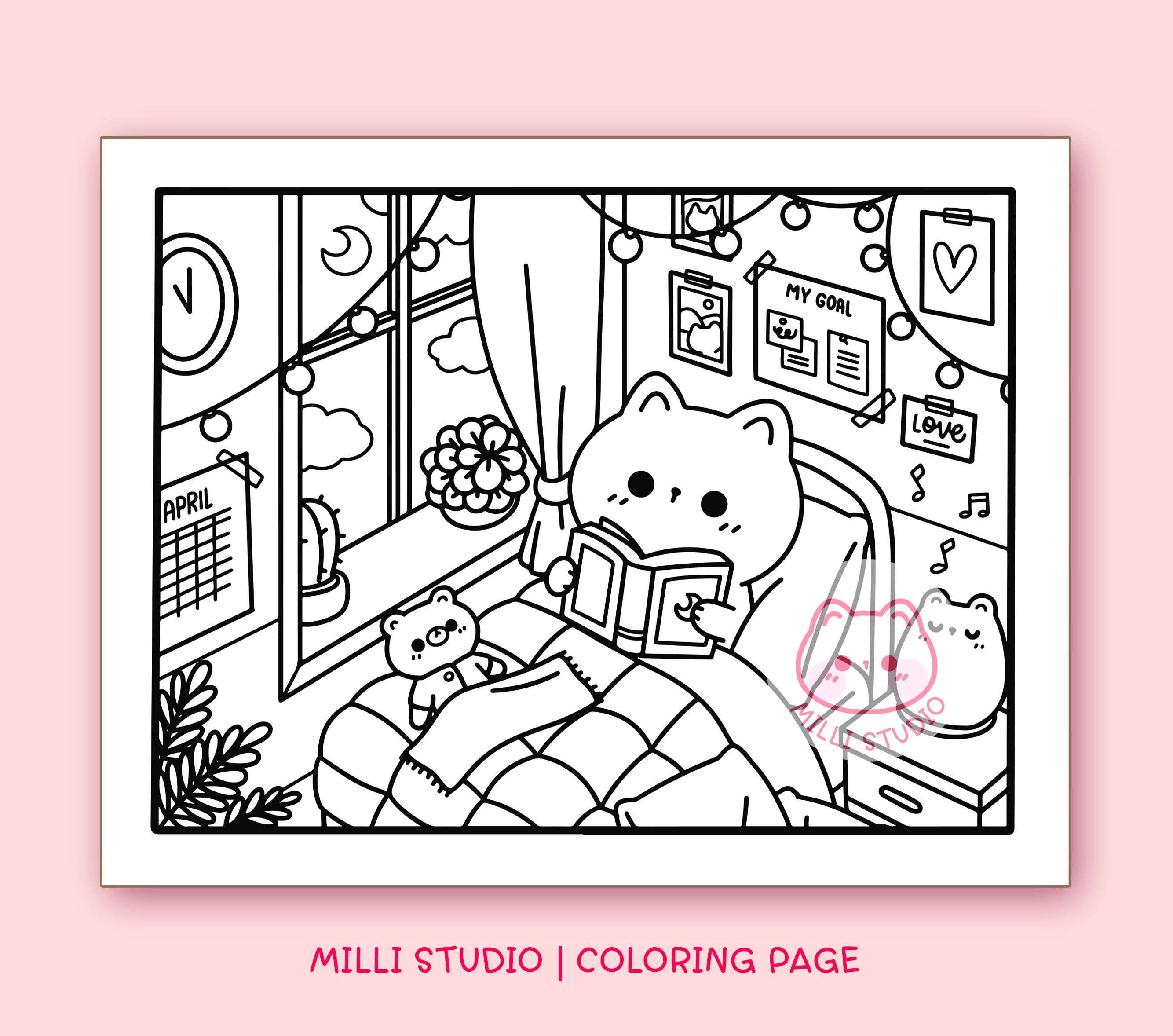 6 Pages Kawaii Cozy Coloring Pages for Adults, Aesthetic Coloring Pages