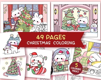 Paquete de páginas para colorear navideñas kawaii para adultos, 49 páginas, hojas para colorear sencillas, libro para colorear navideño kawaii para adolescentes, página para colorear atrevida y fácil