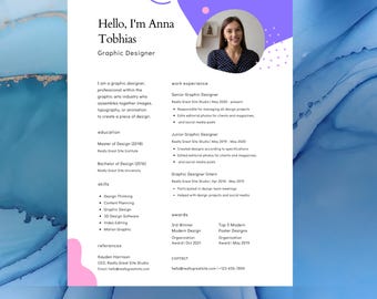 Peut inclure: Un curriculum vitae de graphiste pour Anna Tobhias. Il détaille son expérience professionnelle, son éducation, ses compétences et ses références. Le design est épuré, avec une photo d'Anna et une palette de couleurs violet et blanc.