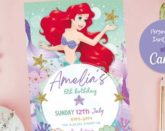 Little Mermaid Birthday Invitation Cute Sea Editable Ariel Party Invite Canva Template