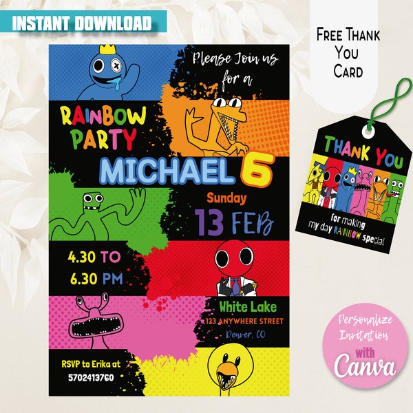 Rainbow Friends Invitation Template Birthday Party Celebration Blue Yellow Red Orange Green Pink Digital Download Editable Easy