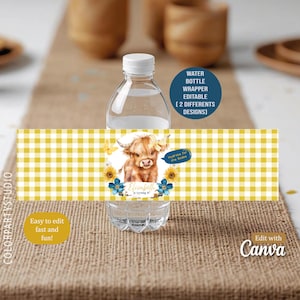 Peut inclure: Une bouteille d'eau transparente avec une étiquette à carreaux jaunes représentant une illustration à l'aquarelle d'une vache des Highlands. L'étiquette comprend le texte "Hydrate for the Rodeo" et "Elisabeth is turning 6!"