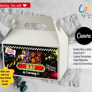 May include: A printable gable box label template featuring a Five Nights at Freddy's theme with a black, yellow, and red color scheme. The label features a cartoon image of Freddy Fazbear, Chica, and Foxy. The text on the label reads "Will you survive?" and "Kai is turning 6!" The label is designed for a 6x3.5 inch gable box.