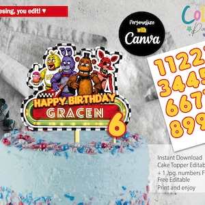 Five Nights at Freddy&#39;s Cake Topper Editable Easy Download Digital Printable Cake Decoration Canva Template