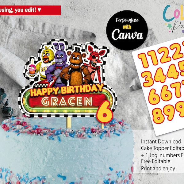 Five Nights at Freddy's Cake Topper Editable Easy Download Digital Printable Cake Decoration Canva Template