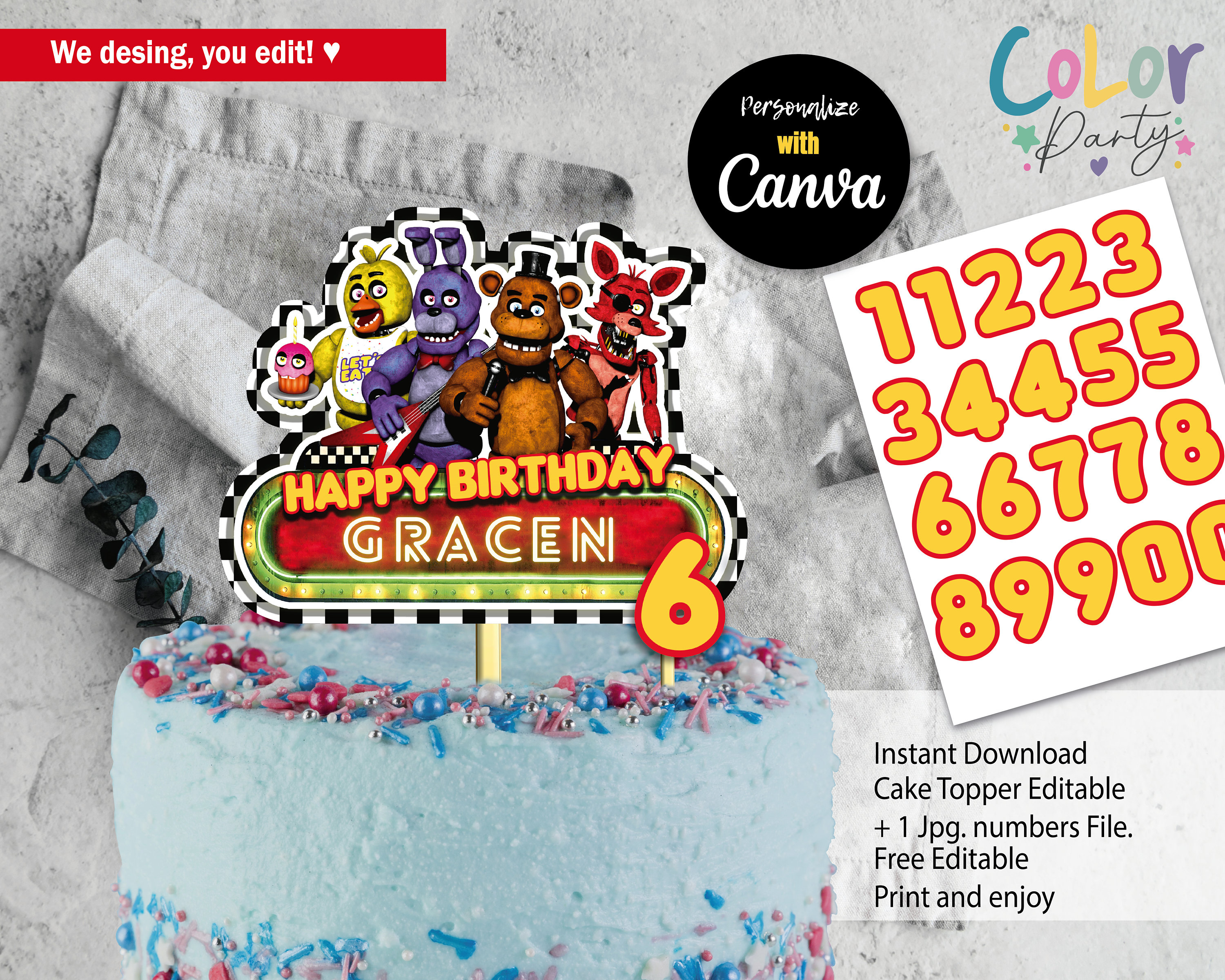 Printable five nights at freddys cake topper - Etsy México, image size:3000x2399