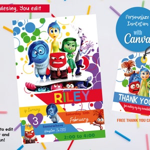 Inside Out 2  Invitation Template Canva Easy Download Party Birthday Invitation Printable Thank You Card Inside Out