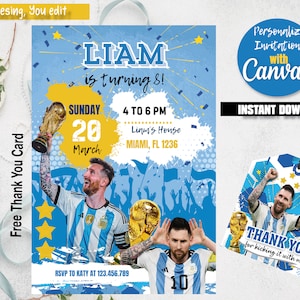 Messi Invitation Card Soccer Invitation Digital Canva Template Printable Edit Yourself Easy Download Thank you card