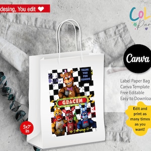 Five Nights at Freddy's Label Paper Bag Nightmare FNAF Canva Template Printable Edit Yourself Easy Download Thank you card