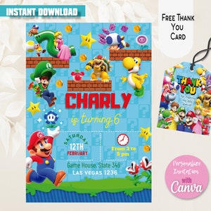 Cartão de convite do navegador Mario Bros Luigi Convite para menino Modelo digital do Canva fofo para impressão Edite você mesmo Download fácil