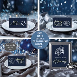 May include: A set of navy blue food tent cards and a framed sign with a space theme. The cards read "Star Cookies", "Galaxy Water", and "Rocket Fuel". The framed sign says "Refuel Here Astronauts!" in white and gold.