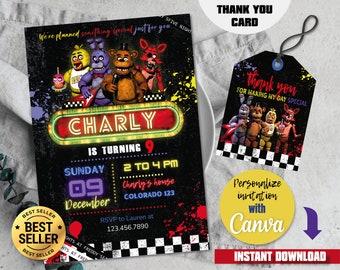 Five Nights at Freddy's Invitation Card Nightmare Invitation Digital Canva Template Printable Edit Yourself Easy Download Thank you card