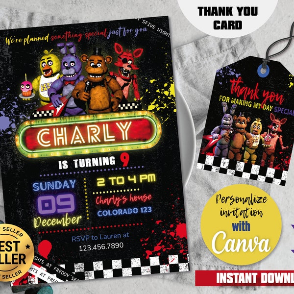 Five Nights at Freddy's Invitation Card Nightmare Invitation Digital Canva Template Printable Edit Yourself Easy Download Thank you card