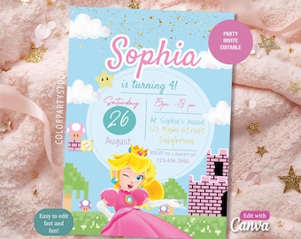 Princess Peach Birthday Invitation Super Mario Bros Invitation Digital Canva Template Printable Edit Yourself Easy Download