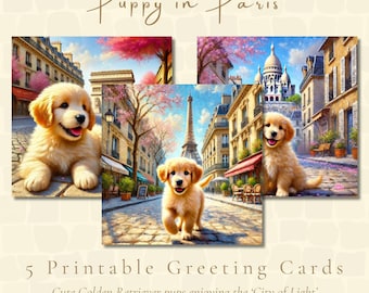 Puppy in Paris Printable Greeting Cards | Instant PDF Download | Golden Retriever puppies | Jump | + FREEBIE: Printable Envelope Template