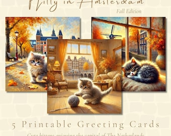 Kitty in Amsterdam Printable Greeting Cards | Instant PDF Download | Kittens | Autumn in Amsterdam | + FREEBIE: Printable Envelope Template