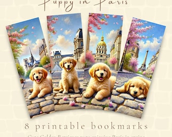 Puppy in Paris Printable Bookmarks | Instant Digital PDF Download | Golden Retriever Puppies & Iconic Sights + FREEBIE => Printable Reading Log