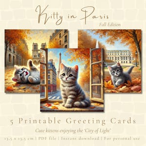 Op de afbeelding: Vijf afdrukbare wenskaarten met kittens in Parijs. De kaarten tonen kittens in verschillende poses, tegen de achtergrond van Parijse bezienswaardigheden en herfstbladeren. De tekst "Kitty in Paris" en "Fall Edition" zijn zichtbaar.
