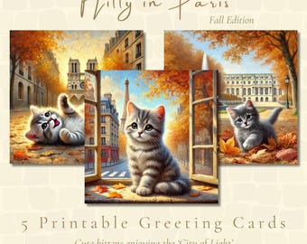 Kitty in Paris Printable Greeting Cards | Instant PDF Download | FallCats | Autumn in Paris | + FREEBIE: Printable Envelope Template