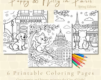 Puppy & Kitty in Paris Coloring Pages | Printable PDF | Instant Download | Iconic Parisian Landmarks | + FREE BONUS Swatch Cards