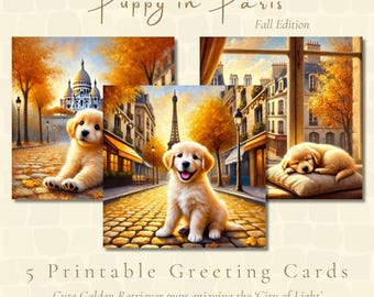 Puppy in Paris Fall Greeting Cards | Instant PDF Download | Golden Retriever Puppies | Autumn in Paris | + FREEBIE: Printable Envelope Template
